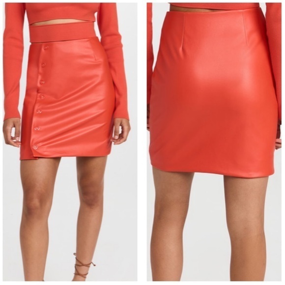 Sally‎ LAPOINTE NWT 2 Poppy Red Orange Faux Leather Snap Front Mini Skirt - Picture 1 of 14